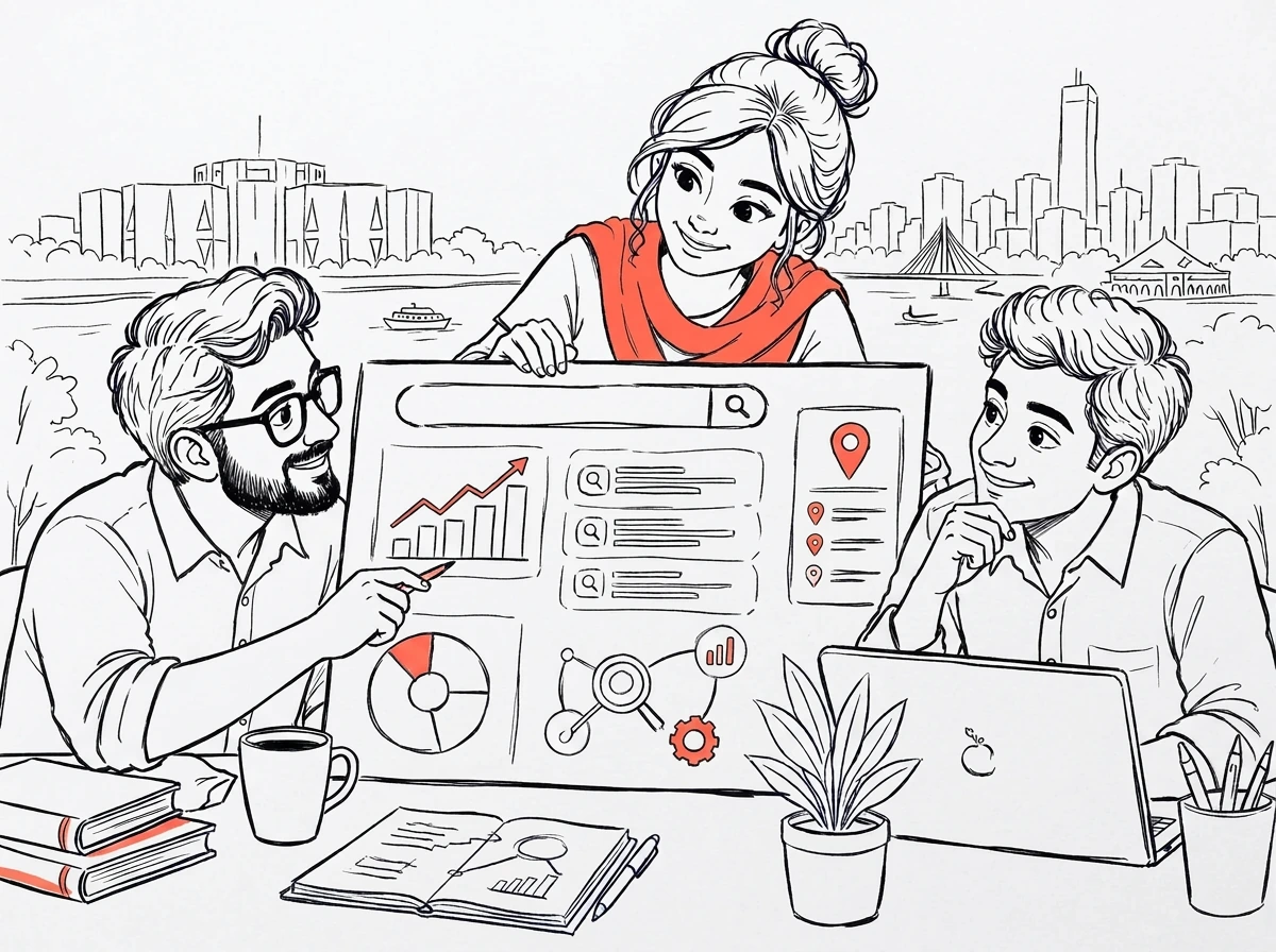 Illustration of the SEO Service BD specialist team reviewing search data