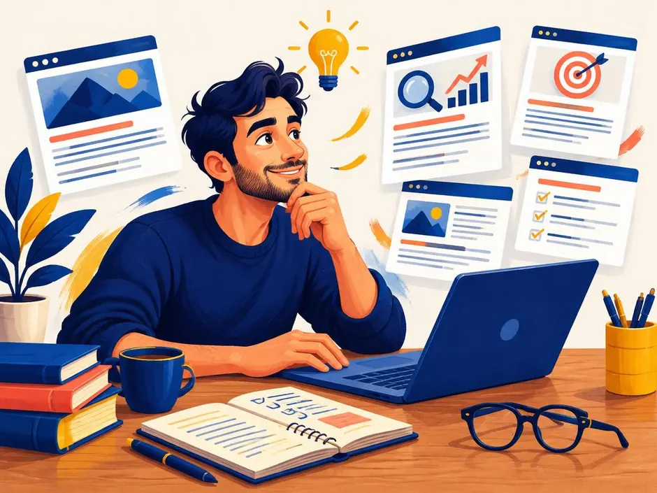 Illustration of an SEO writer publishing guides