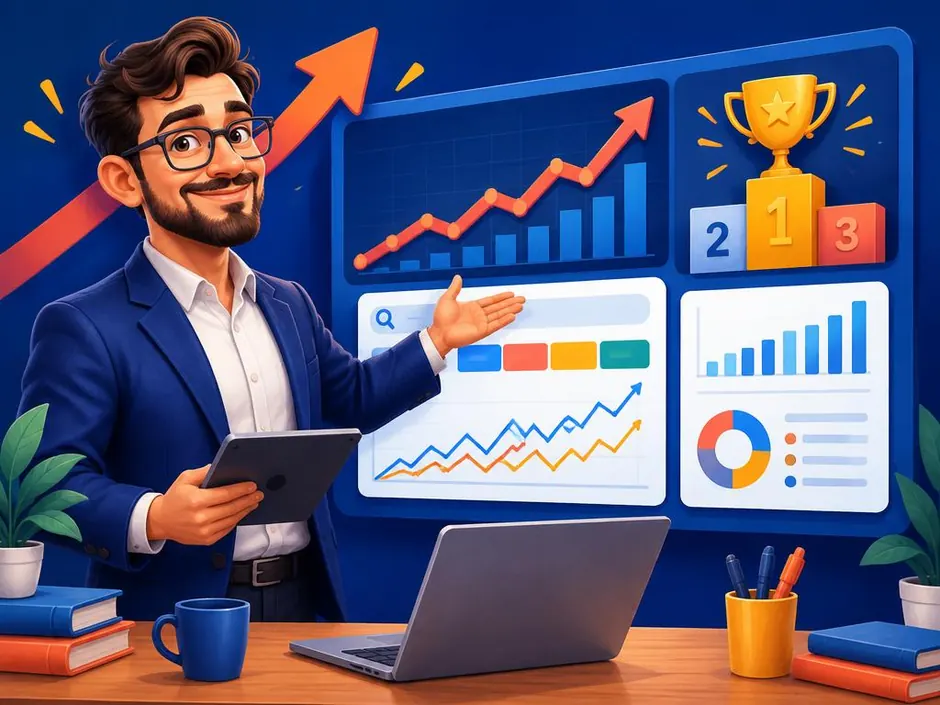 Illustration of an analyst presenting SEO results
