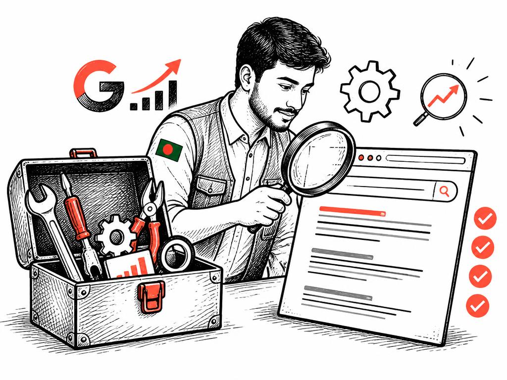 Illustration of an SEO specialist diagnosing Google errors