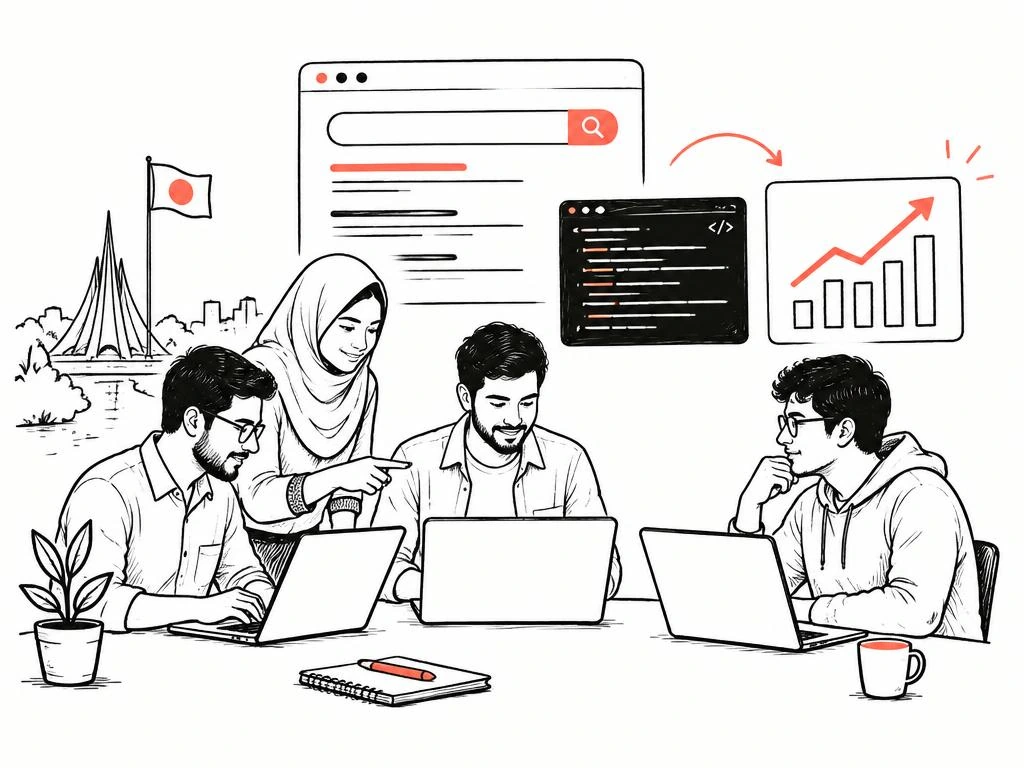Illustration of software developers collaborating around code