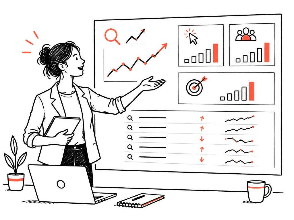 Illustration of an analyst presenting SEO performance charts