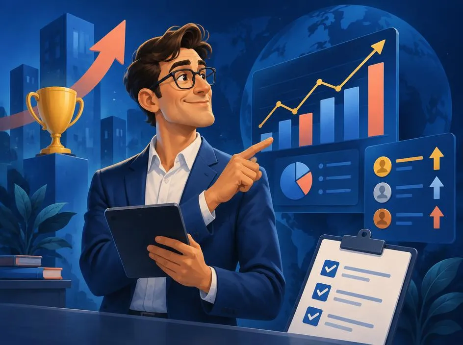 Illustration of an analyst presenting SEO performance charts