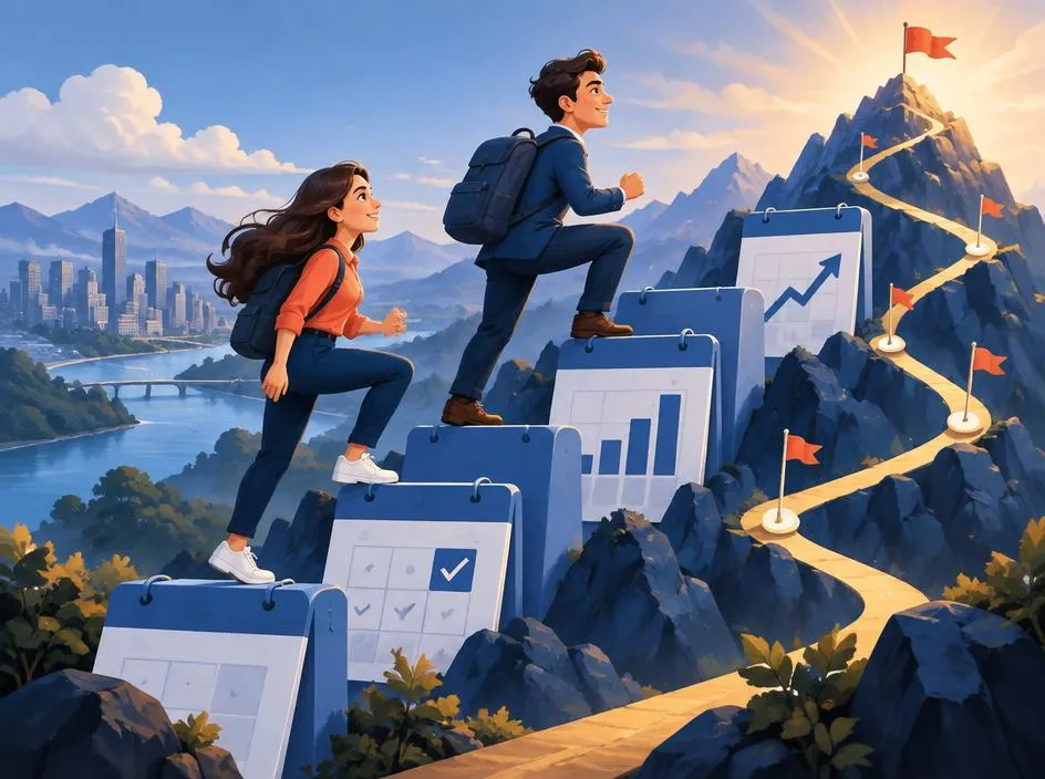 Illustration of a team climbing a milestone roadmap