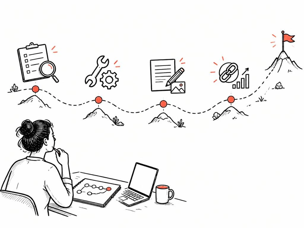 Illustration of a team climbing a milestone roadmap
